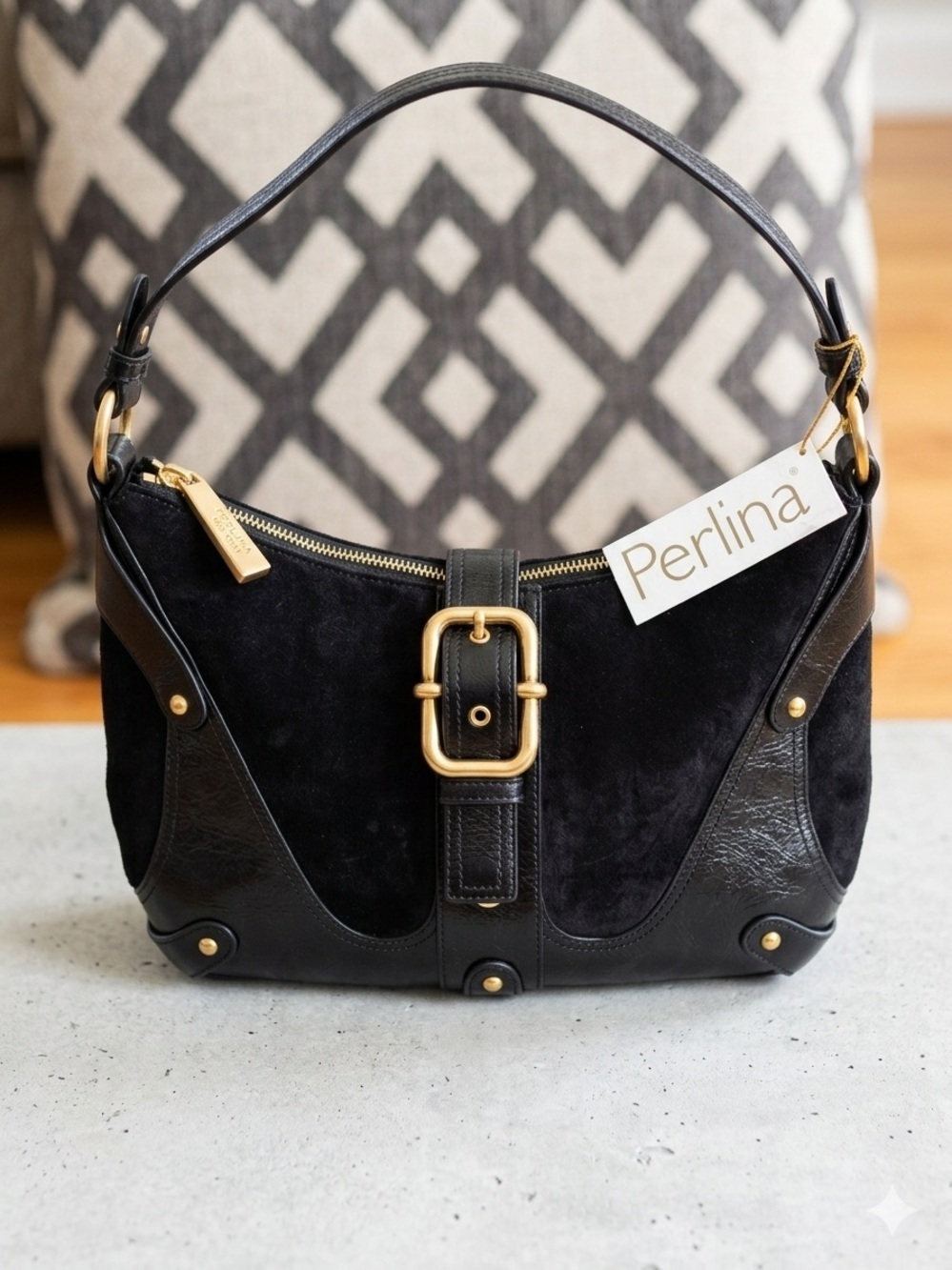Perlina Black Suede and Leather Shoulder Bag with Gold Buckle